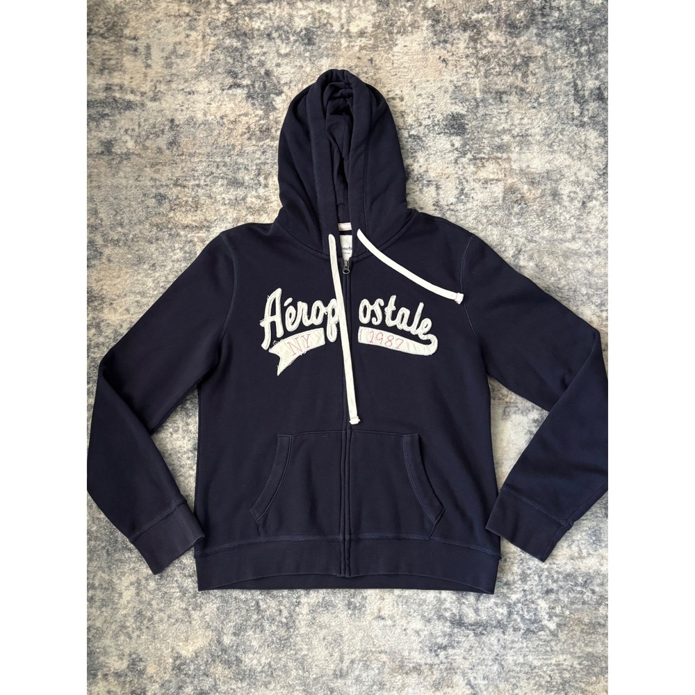 Vintage Y2K Womens Aeropostale‎ Full Zip Long Sleeve Navy Hoodie Size XL NY 1987